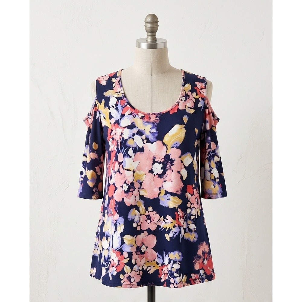 Bobeau 2X Cold Shoulder Floral Top Navy Pink Plus Stretch Knit Elbow Sleeve